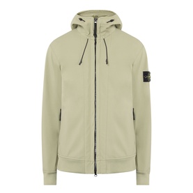 Stone Island Softshell-R_e.dye&reg; Wind Resistant Jacket in Laurel Green, two-way zip, hood with drawstring, logo badge on left sleeve