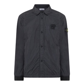 Stone Island black nylon casual jacket with chest pocket, button-front fastening, and signature compass badge on sleeve.