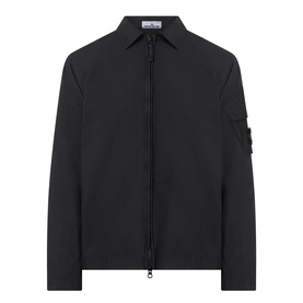 Stone Island black cotton zip-through overshirt with spread collar and signature arm badge patch