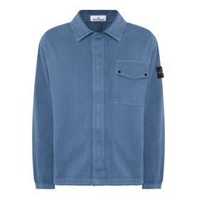 Stone Island Blu Ardesia cotton casual shirt with chest pocket and signature compass badge patch, button-through front