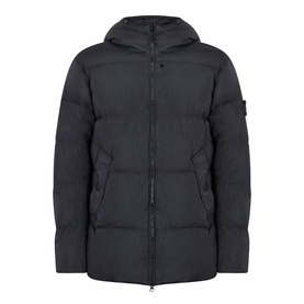 Stone Island black quilted down casual jacket with hood, zip front, side pockets and signature arm badge patch