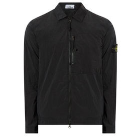 Stone Island Logo Badge Zip Overshirt in black, point collar, chest zip pocket, two-way front zip, logo badge on sleeve