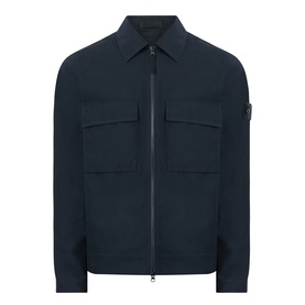 Stone Island Tonal Logo Badge Zip Overshirt in blue, two-way zip, dual chest flap pockets, point collar, tonal logo badge on sleeve