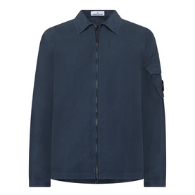 Stone Island navy blue cotton zip-through overshirt with spread collar and signature arm badge patch.