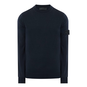 Stone Island blue virgin wool crew neck knit with signature compass badge patch on left sleeve, ribbed cuffs and hem