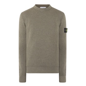Stone Island Verde Militare Melange crew neck knit jumper in 100% virgin wool with signature compass badge patch on sleeve