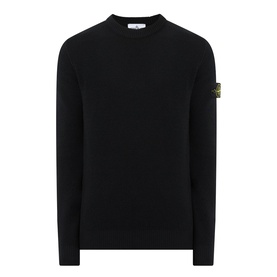 Stone Island black crew neck sweatshirt with signature compass badge patch on left sleeve