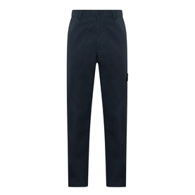 Stone Island blue cotton chino trousers with signature arm badge patch and side cargo pocket, flat front waistband