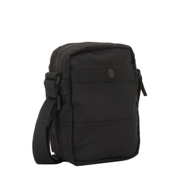 Stone Island black nylon crossbody bag with zip top, front zip pocket, tonal logo badge, and adjustable shoulder strap
