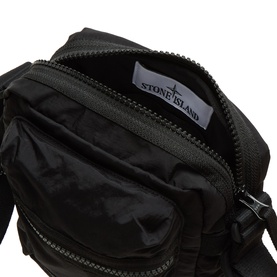 Stone Island black nylon crossbody bag, open top zip compartment with branded interior label and front zip pocket