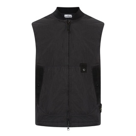 Stone Island Logo Badge Gilet in black, sleeveless with bomber collar, two-way zip, contrast-trim snap pockets and logo badge detail