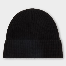 Stone Island black ribbed knit beanie hat with wide folded cuff, 100% virgin wool