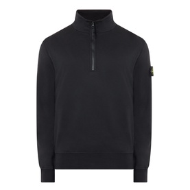 Stone Island black quarter-zip sweatshirt with funnel neck, long sleeves, and signature arm badge patch detail.