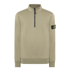 Stone Island military green cotton half-zip sweatshirt with ribbed cuffs, hem, and signature compass badge on sleeve