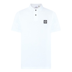 Stone Island white polo shirt with signature compass rose badge patch and button placket, slim fit in cotton-elastane blend
