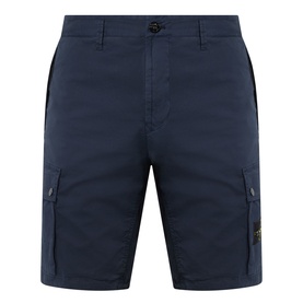 Stone Island Compass Logo Bermuda Shorts in navy blue, cotton cargo style with side pockets, belt loops and badge logo patch