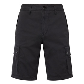 Stone Island black cotton cargo shorts with side flap pockets, button fly, and belt loops. Relaxed fit, above-the-knee length.