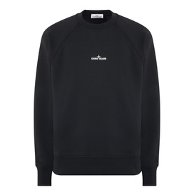 Stone Island black crew neck sweatshirt with small chest logo print, ribbed cuffs and hem, long raglan sleeves