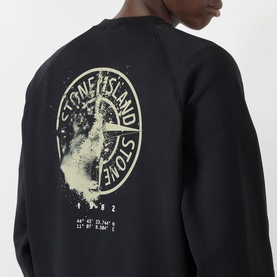 Model wearing Stone Island black sweatshirt, back view showing circular graphic logo print with coordinates detail