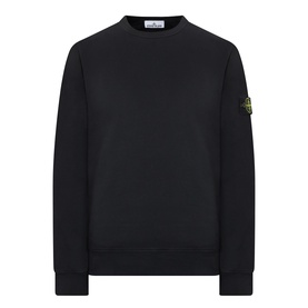 Stone Island black cotton crew neck sweatshirt with signature compass badge patch on left sleeve, ribbed cuffs and hem