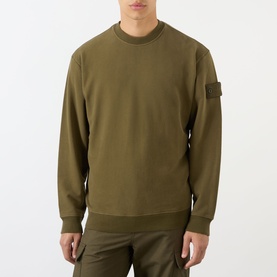 Model wearing Stone Island Compass Logo Badge Sweatshirt in green, crew neck with ribbed trims and sleeve badge, styled with khaki cargo trousers.