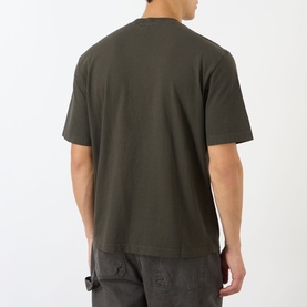 Model wearing Stone Island Compass Logo T-Shirt in coal grey, rear view, crew neck, short sleeves, with matching cargo trousers