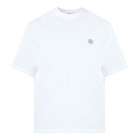 Stone Island white cotton T-shirt with signature compass rose badge on chest, crew neck and short sleeves