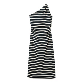 Jigsaw navy and white horizontal stripe one-shoulder midi dress with ruched waist detail, sleeveless silhouette
