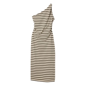 Jigsaw khaki stripe one-shoulder ruched midi dress, sleeveless fitted silhouette in cream and dark stripe fabric