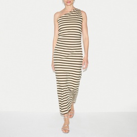 Model wearing Jigsaw khaki striped one-shoulder maxi dress with ruched hem, styled with strappy heeled sandals