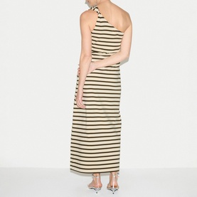 Model wearing Jigsaw khaki stripe one-shoulder midi dress, back view, styled with strappy heeled sandals