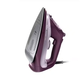 Braun TexStyle 7 Pro Steam Iron in purple, featuring a silver soleplate, ergonomic handle, and power cord.