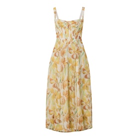 Bardot Adaline Floral Print Dress in yellow floral, sweetheart neckline, wide straps, structured bodice, flared midi skirt