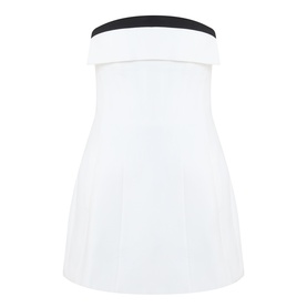 Bardot white strapless mini dress with contrast black bandeau neckline and A-line skirt silhouette