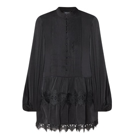 Bardot Antonia Lace Trim Mini Dress in black with pintuck detail, lace inserts, mandarin collar, and long voluminous sleeves