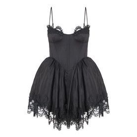 Bardot black mini dress with sweetheart neckline, boned corset bodice, spaghetti straps, full skirt and lace trim hem detail.