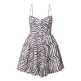Bardot Ashta Corset Printed Mini Dress in brown zebra print, sweetheart neckline, adjustable straps, voluminous skirt, mini length