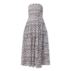 Bardot Isalia Strapless Printed Dress in brown zebra print, structured boned bodice, box pleat midi skirt, no model