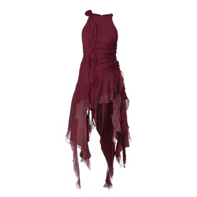 Bardot Ivana Textured Mini Dress in deep plum with high neckline, circle-cut ruffles, floral appliqu&eacute;s and asymmetric high-low hem