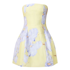 Yellow strapless mini dress with large blue and white floral print, structured bodice, and full pleated skirt
