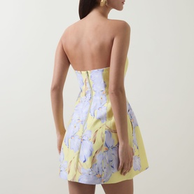 Model wearing a strapless mini dress in yellow and lilac floral print with fitted bodice and open back, styled with gold earrings
