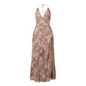 Bardot Lizbeth Leopard Slip Dress in beige leopard print, deep V-halter neckline, high side split, maxi length, no model