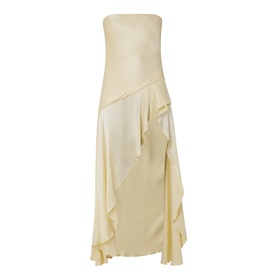 Bardot Lorenzo Asymmetric Off-The-Shoulder Dress in yellow, bandeau neckline, gathered satin finish bodice, asymmetric flared midi skirt