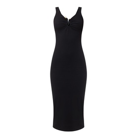 Bardot Mason Ribbed Dress in black, midi length, plunging neckline with centre-front hardware detail, gathered bust, wide tank straps, ribbed fabric