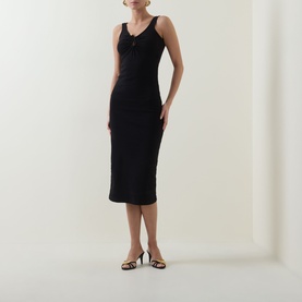 Model wearing Bardot Mason Ribbed Dress in black, midi length with plunging neckline, hardware detail and wide tank straps, styled with black heeled