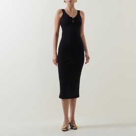 Model wearing Bardot Mason Ribbed Dress in black, midi-length ribbed fabric with plunging neckline, wide straps and centre-front hardware detail.