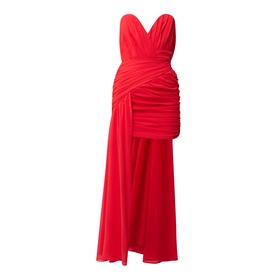 Bardot Remalia Gathered Mini Dress in fire red, strapless sweetheart neckline, structured ruched bodice with draped side accent and full-length skirt