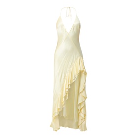 Bardot canary yellow halterneck maxi dress with V-neckline, asymmetric ruffle hem, and open back in 100% viscose