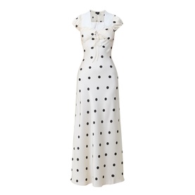 Bardot Black Spot maxi dress in white with black polka dots, cap sleeves, button front, collared neckline and A-line skirt