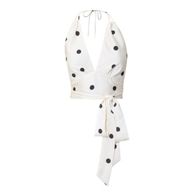 Bardot Taryn Lace Detail Dress in white with black polka dots, deep V halterneck, wrap front, and tie waist detail